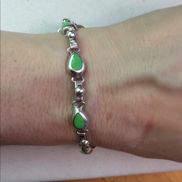 Vintage Mexico 925 silver green Turquoise bracelet - Picture 2 of 8
